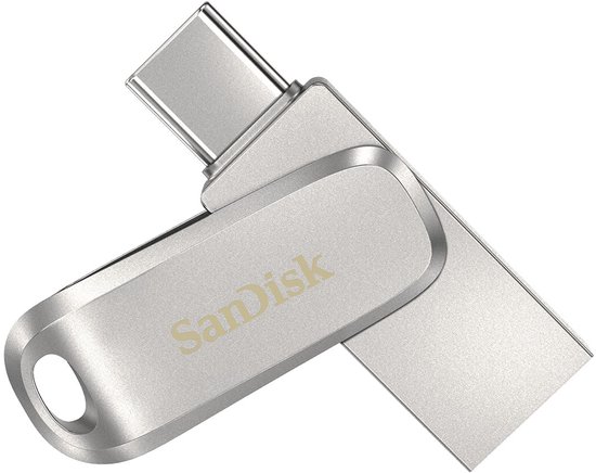 Zilverkleurige SanDisk USB-stick met een type-C connector, deels uitgeschoven, met gebogen behuizing.