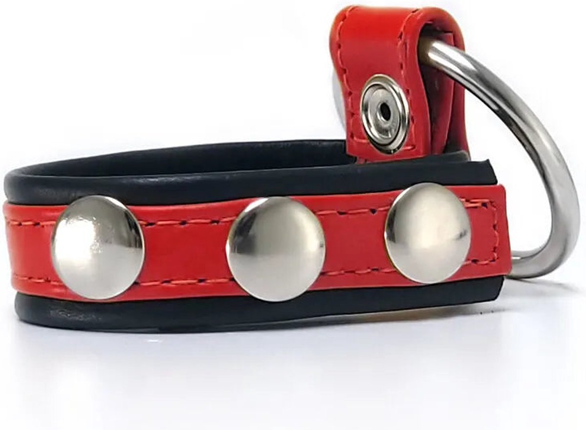Goedkoopste Black Label - Leren Cockstrap met Metalen Penisring - Zwart/Rood