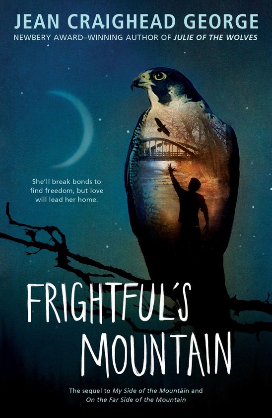 Boekomslag met een valk op een tak, met een halve maan en sterren. De titel is 'FRIGHTFUL'S MOUNTAIN'.