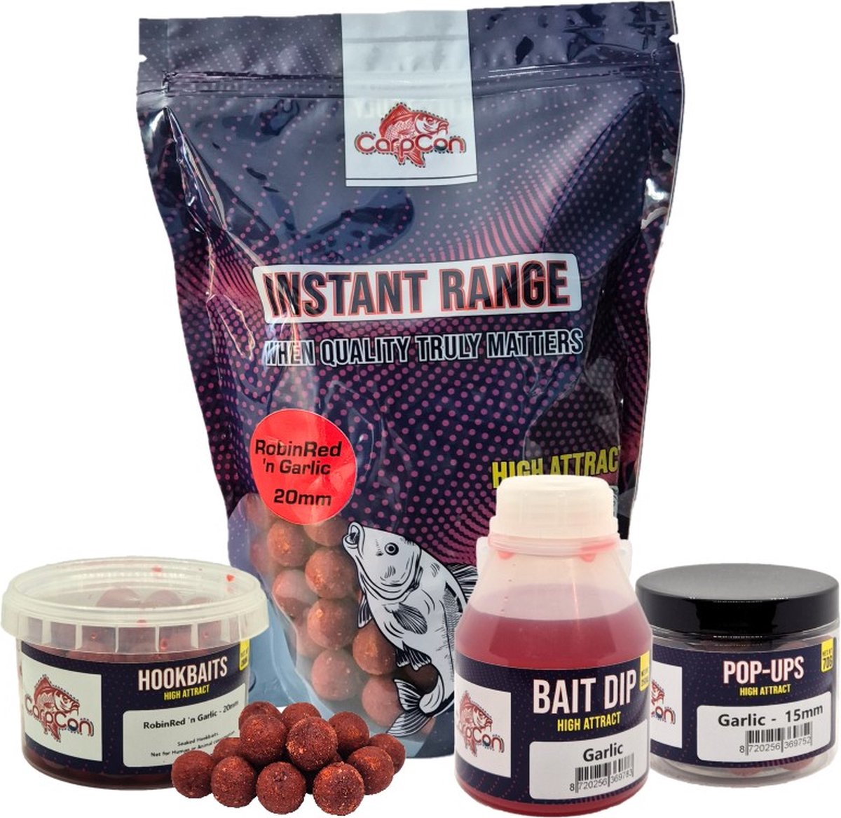 High Attract Voerpakket 'RobinRed 'n Garlic' - 15mm - Met 15mm Instant Range Boilies, Bait Dip, Pop-Ups & Hookbaits - Karper voer/boilies - Voordeelpakket voor vissers - Visset - Lokvoer
