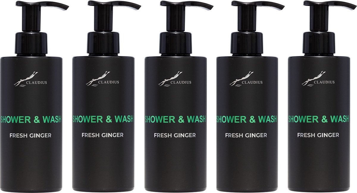 Goedkoopste Shower & Wash Fresh Ginger 300 ml - met pomp - zwarte fles - set van 5 stuks - Voordeelverpakking