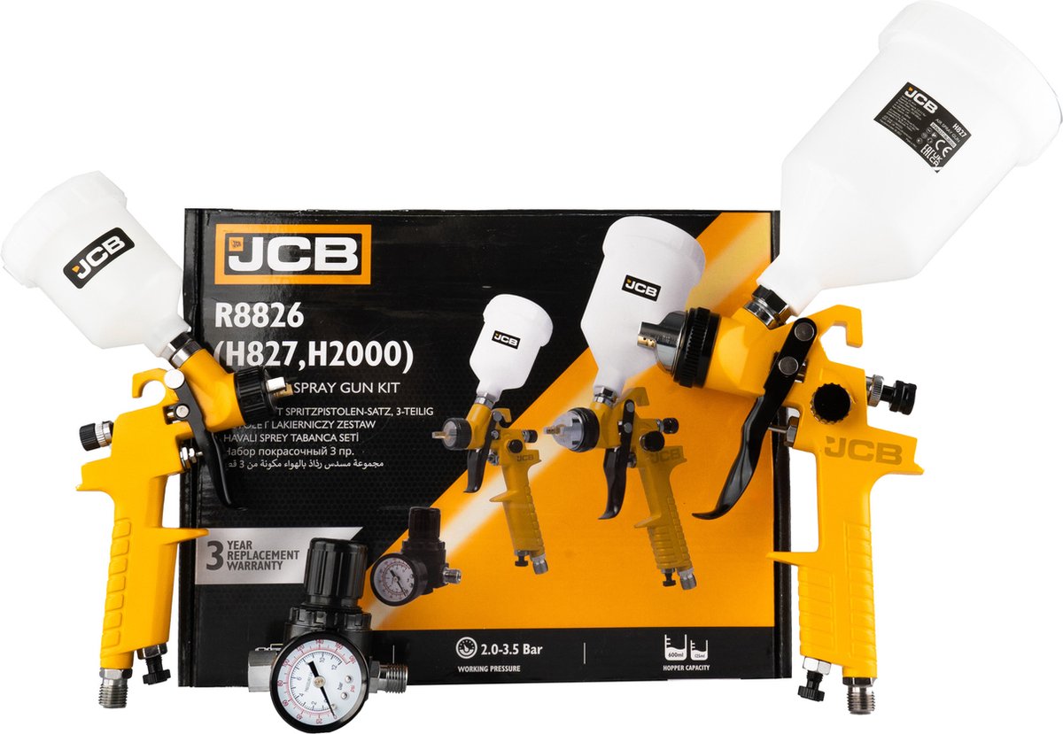 JCB Professionele 3-delige Set - Perslucht-verfspuitpistool Ø 1.4mm 600ml - Max 3.5bar + Ø 1mm - 125ml - Max 4bar