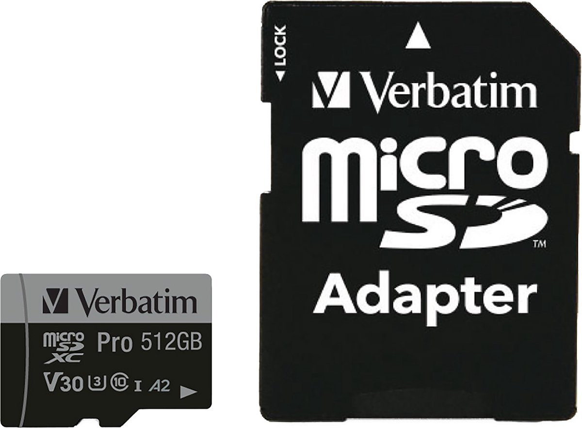 Verbatim Pro microSDXC-kaart 512 GB UHS-Class 3 4K-video-ondersteuning A2-vermogensstandaard Incl. SD-adapter Schokb