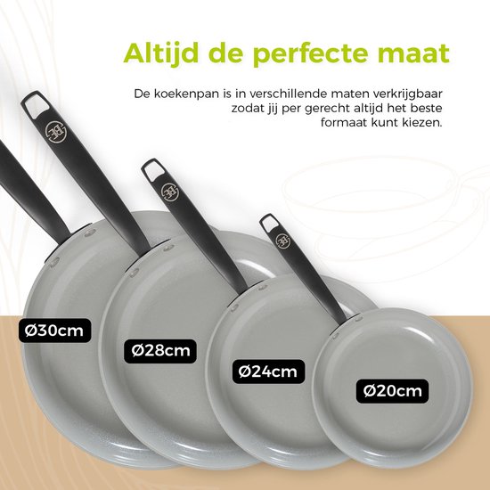 Vier grijze koekenpannen van verschillende maten: Ø30cm, Ø28cm, Ø24cm, Ø20cm.