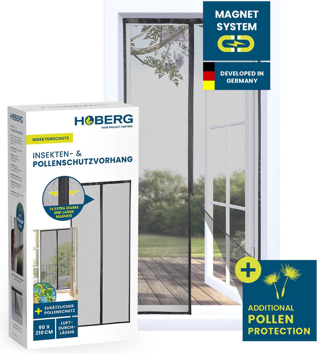 Hoberg insectenhor 90 x 210 cm | Hordeur met XXL-magneetbanden | Insectenhor voor balkondeur | Magnetische hor | Zelfsluitend en slijtvast