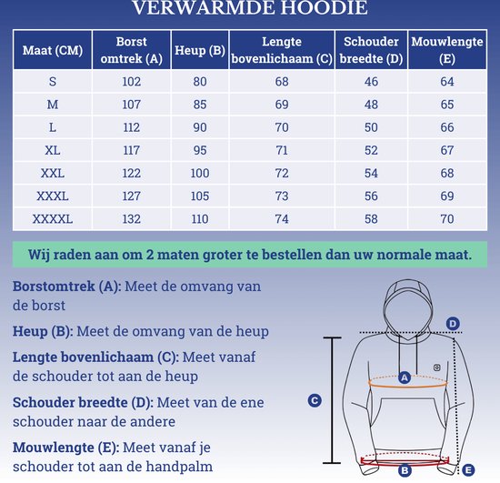 Maattabel voor verwarmde hoodie met maten S tot XXXXL.