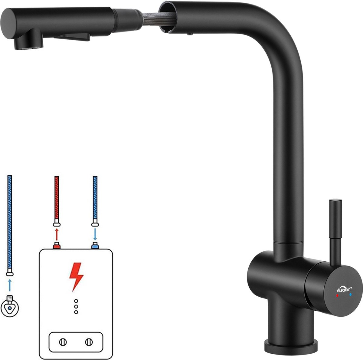 Auralum max Keukenkraan met Uittrekbare Uitloop Lagedruk-armatuur Handdouche Mengkraan 2 straalsoorten Flexibele Slang Zwart keuken kraan met 3 aansluitingen