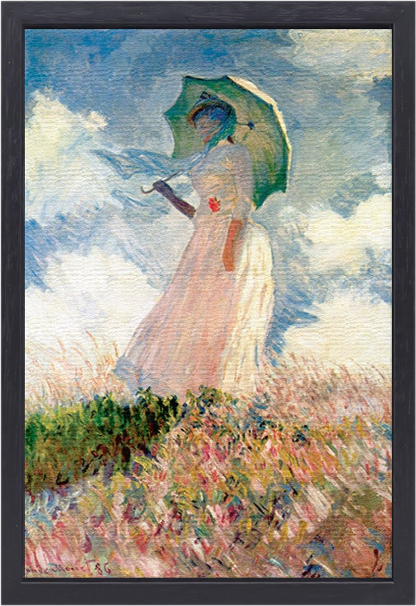 Vrouw met parasol - Claude Monet wanddecoratie - Vrouw portret - Muurdecoratie Figuur - Klassieke schilderijen - Canvas met baklijst schilderij woonkamer - Woondecoratie canvas met baklijst 75x100 cm