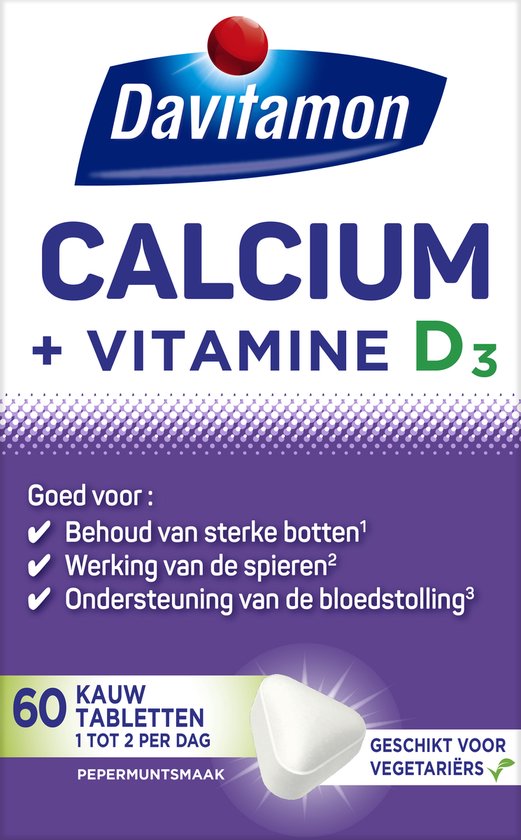Doos met Davitamon Calcium + D3 kauwtabletten, 60 stuks, pepermunt smaak. Paars met witte letters. Goed voor botten en spieren.