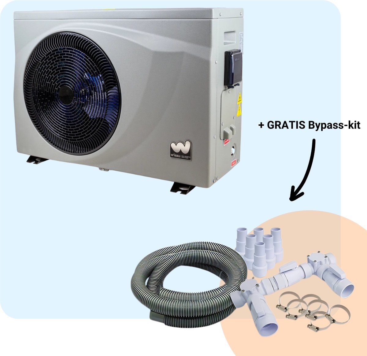 W'eau full Inverter Zwembad Warmtepomp Zwembad Verwarming Pool Heater Energiezuinig Warmtepomp Elektrisch 7.6kW Staal Grijs Incl. Bypass Kit
