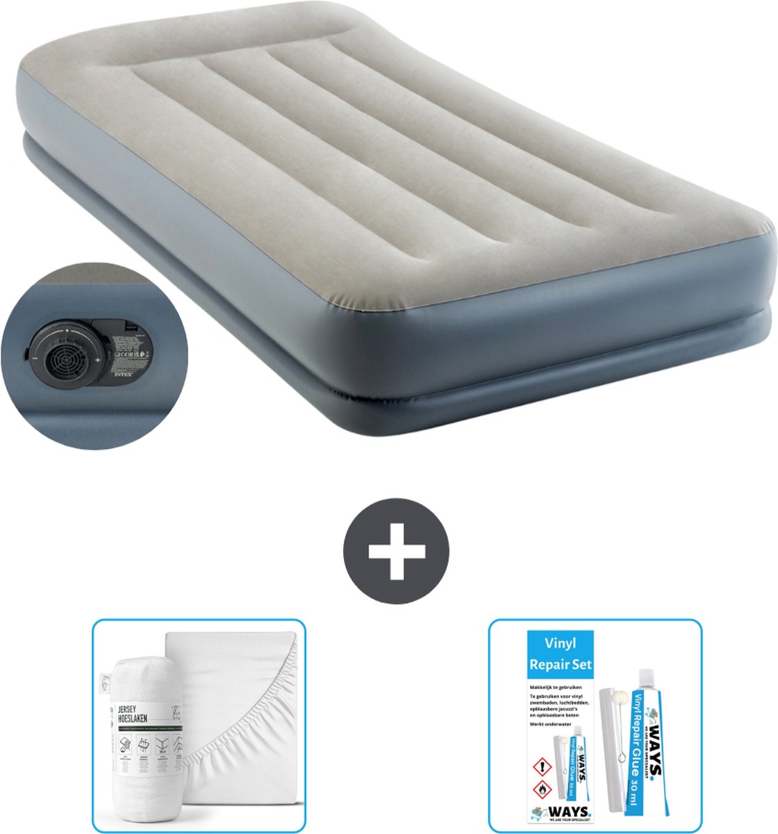 Intex Luchtbed - 1-Persoons - 99 x 191x 30 cm - Grijs - Inclusief pomp - Hoeslaken en Reparatieset