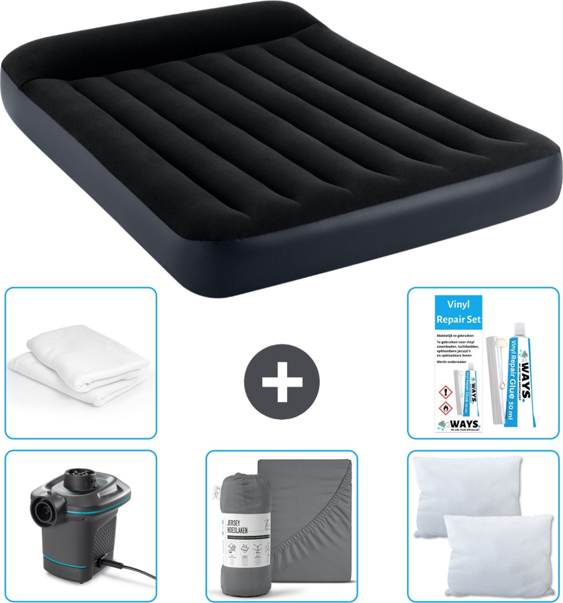 Intex Luchtbedset - Twijfelaar - 137 x 191 x 25 cm - Blauw + Intex Elektrische Pomp - 650 Liter/min + Hoeslaken Antraciet + Kussen + Molton 2 in 1 Kussenslopen + Reparatieset