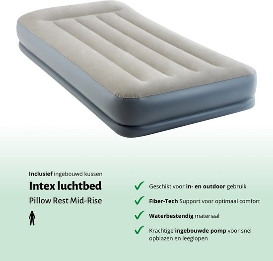 Matelas Gonflable Intex - 1 Personne - 99 x 191x 30 cm - Grijs - Avec pompe intégrée + Hoeslaken Zwart + Oreiller + Taies d'oreiller Molton 2 en 1 + Kit de réparation