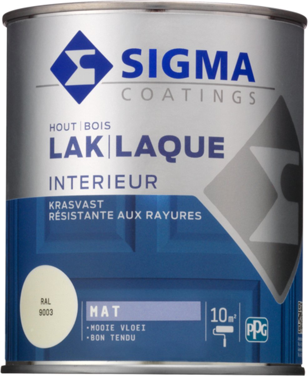 Sigma Houtlak Interieur Mat - Kras- & Slijtvast - Vergeelt Niet - Geurarm - RAL 9003 - Wit - 0.75L