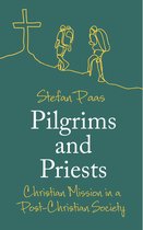Boekomslag met de titel "Pilgrims and Priests". Twee figuren met rugzakken lopen bergopwaarts naar een kruis.