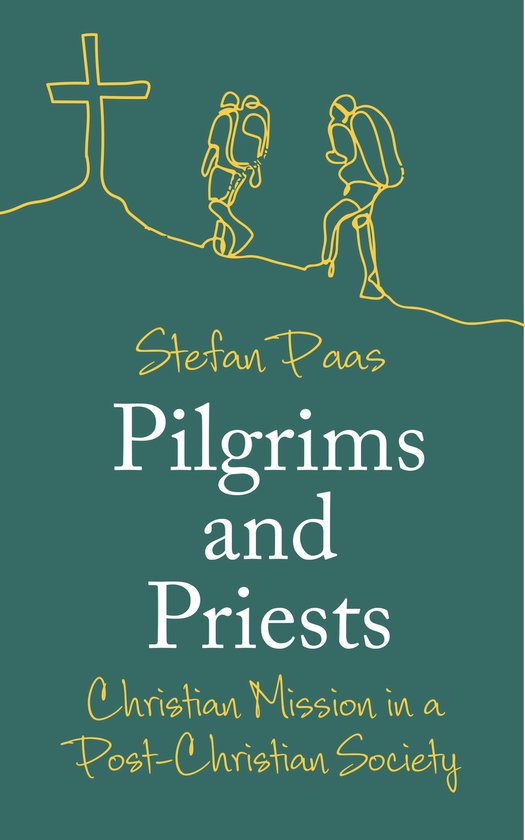 Boekomslag met de titel "Pilgrims and Priests". Twee figuren met rugzakken lopen bergopwaarts naar een kruis.