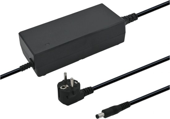 Zwarte, rechthoekige 60W oplader met ronde DC-stekker en netsnoer met Eurostekker. Een klein wit LED-lampje is zichtbaar aan de bovenkant.