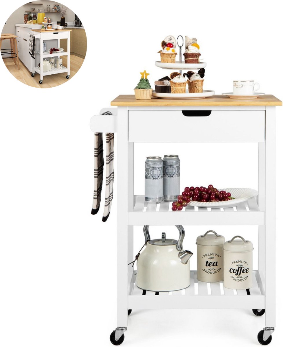 Bol.com Keukeneiland - Verplaatsbaar - Keukenkast - Dressoir - Organizer - Kasten - Houten Werkblad - Lade - Wit aanbieding