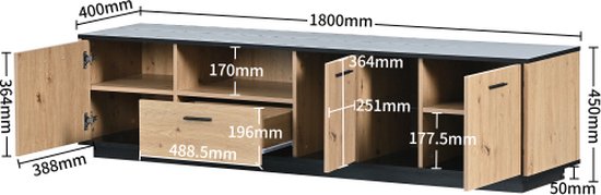 Meuble TV avec un tiroir, trois portes, deux compartiments ouverts avec meuble TV en verre, étagère TV, meuble TV à structure fine. Couleurs Zwart et bois naturel. 15 lumières LED variables