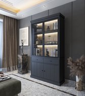 Zravenna Buffetkast voor de keuken, hoge kast met glazen deur en laden, 145 x 39 x 171 cm, dressoir met wijnglazenrek, meerlaagse opbergruimte, houtstructuur en gouddecoratie, zwart