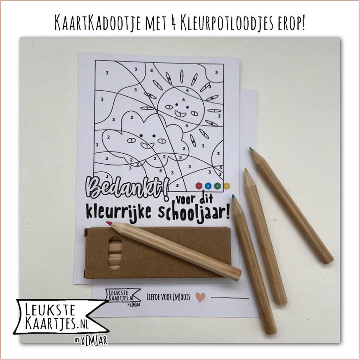 Kaartkadootje -> Kleurpotloodjes - Schooljaar - No:01 (Bedankt voor Kleurrijke schooljaar - Puzzel Nummer kleuren, zon wolk, Zwart/wit) - LeuksteKaartjes.nl by xMar