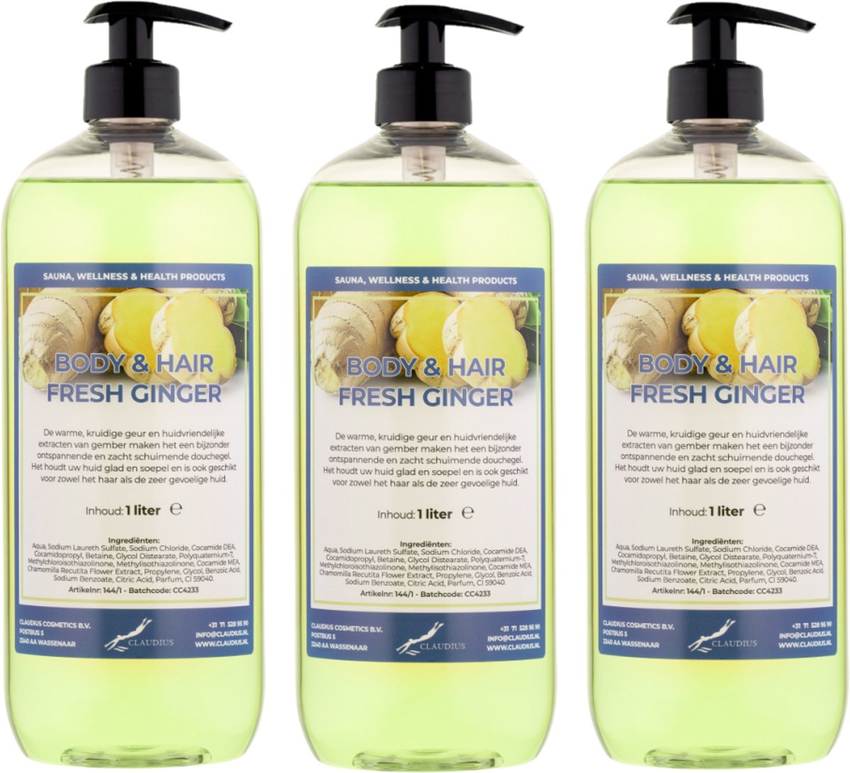 Goedkoopste Body & Hair Fresh Ginger 1 liter - set van 3 stuks - met gratis pomp - 2 in 1 voor lichaam en haar.