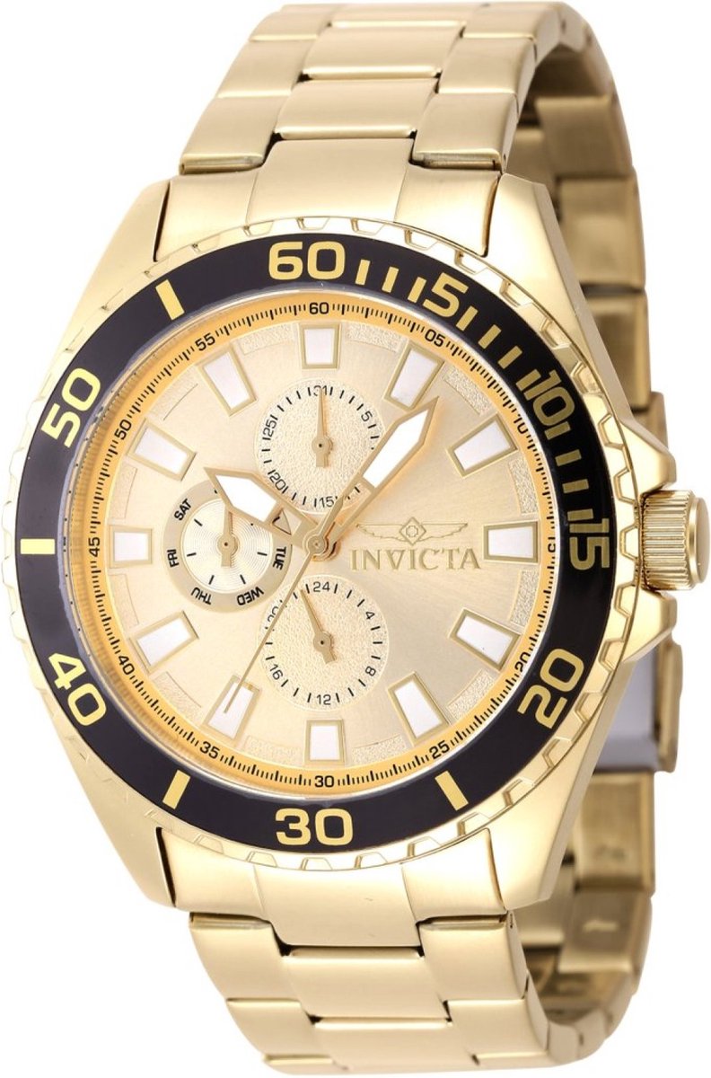 Invicta Pro Diver 47577 Heren Horloge - Waterdicht - Analoog - Quartz Uurwerk - Roestvrij Staal met gouden Wijzerplaat - 46mm