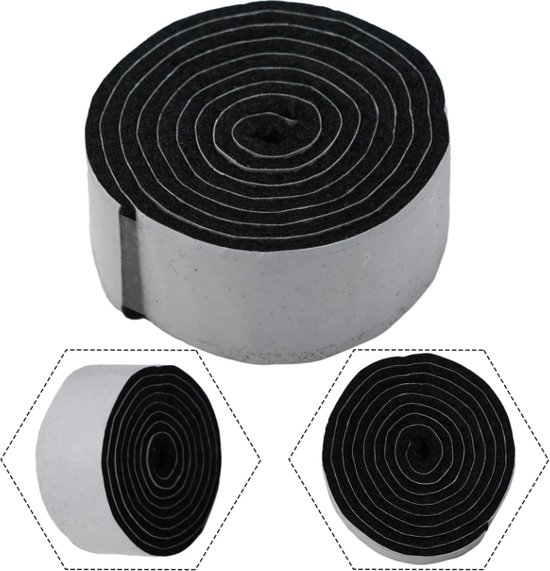 Rol zwart schuimrubber met witte achterkant, met detailfoto's van de zijkant.