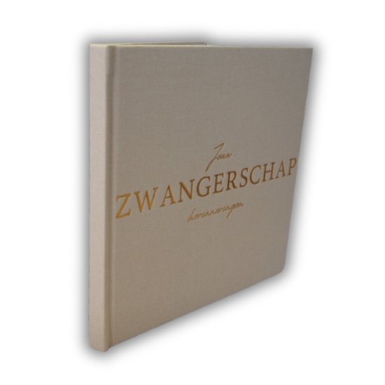 Crème invulboek 'Zwangerschap herinneringen' met gouden tekst op de voorkant, vanuit een hoek bekeken.