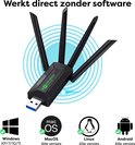 Zwarte WiFi USB adapter met 4 antennes en de tekst "Werkt direct zonder software".