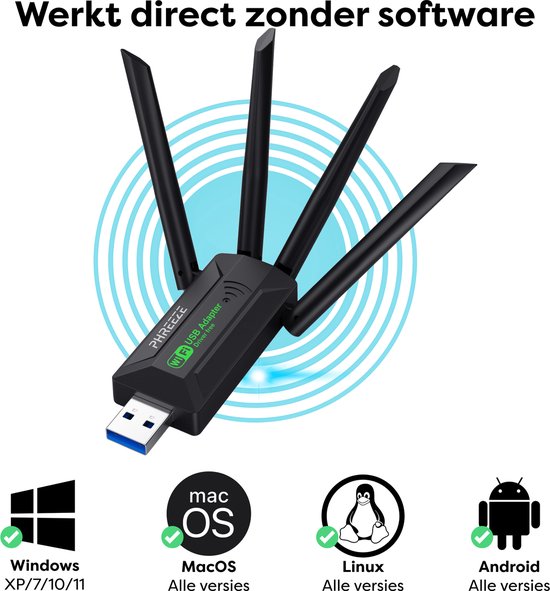 Zwarte WiFi USB adapter met 4 antennes en de tekst "Werkt direct zonder software".