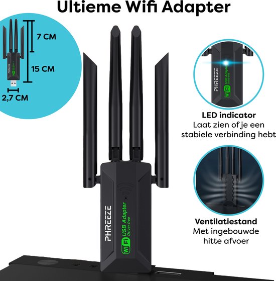 Zwarte WiFi USB adapter met 4 antennes, met afmetingen en close-ups van LED indicator en ventilatie.