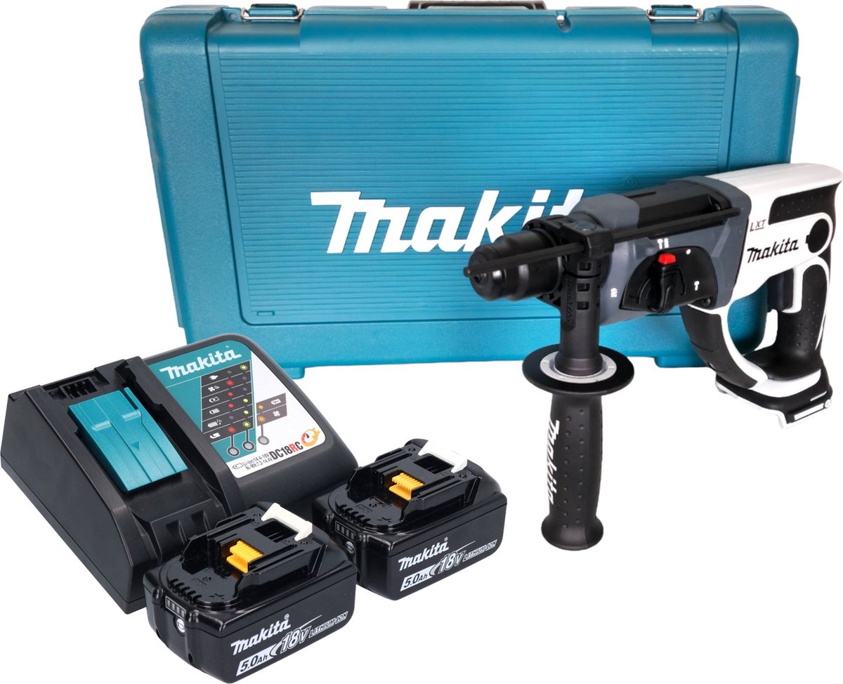 Makita DHR 202 RTW accu-boorhamer 18 V 20 mm 2,0 J wit + 2x accu 5,0 Ah + oplader + koffer