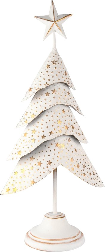 Décoratif | Arbre Deco avec étoiles sur socle, blanc/or, métal, 26x15x59cm | A245468