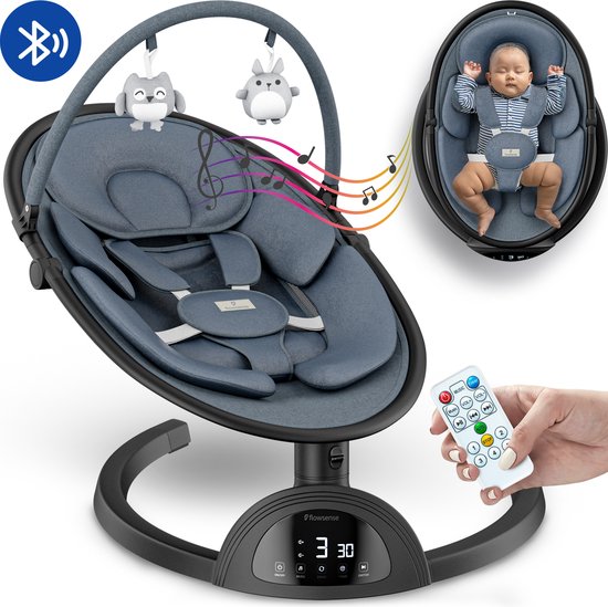 Flowsense Elektrische Wipstoel voor Baby’s - Baby Swing - Met Afstandsbediening - Incl. Speelboog en Knuffels - Zwart / Grijs
