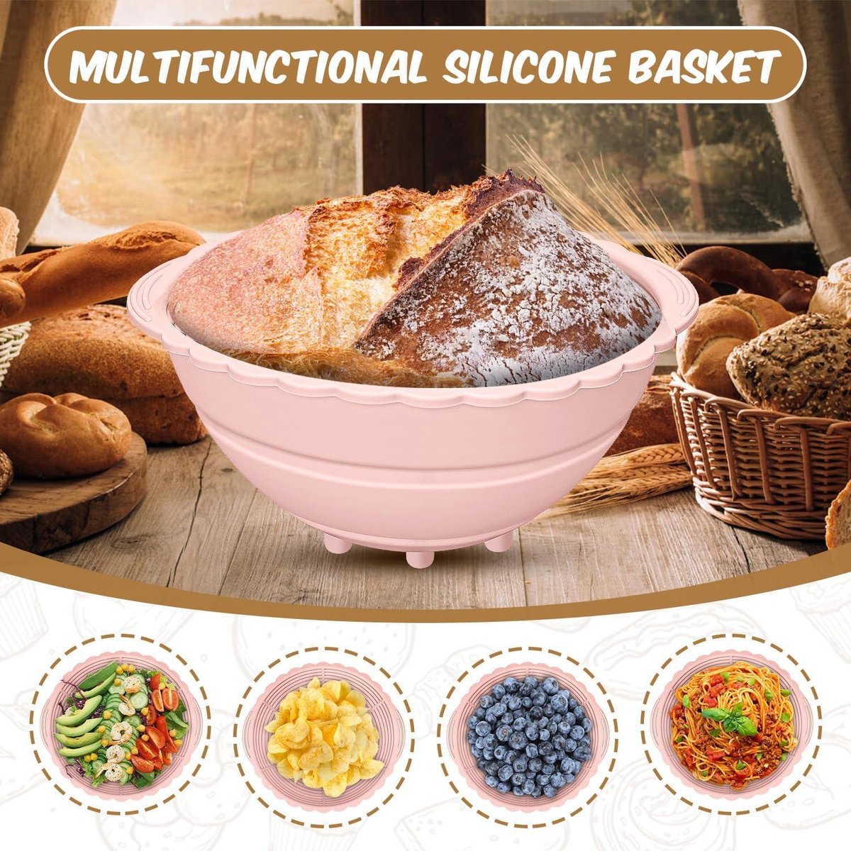 2-delige ronde rijsmandjes voor brood, 25 cm, siliconen, opvouwbare rijsmand voor het bakken van brood, zuurdeeg, rond, banneton-proofing, gisting, bakmanden, broodmand, zuurdesembroodmand