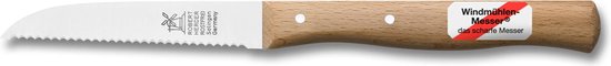 Gekarteld mes met licht gebogen lemmet, houten handvat en een label met "Windmühlen Messer das scharfe Messer".