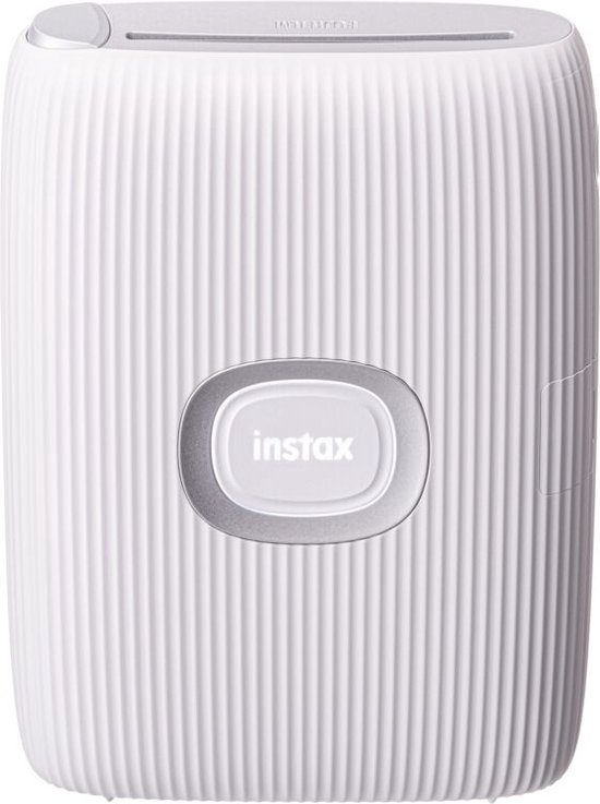 Witte Instax Mini Link 2 printer met geribbelde textuur en een zilverkleurige Instax-knop in het midden.