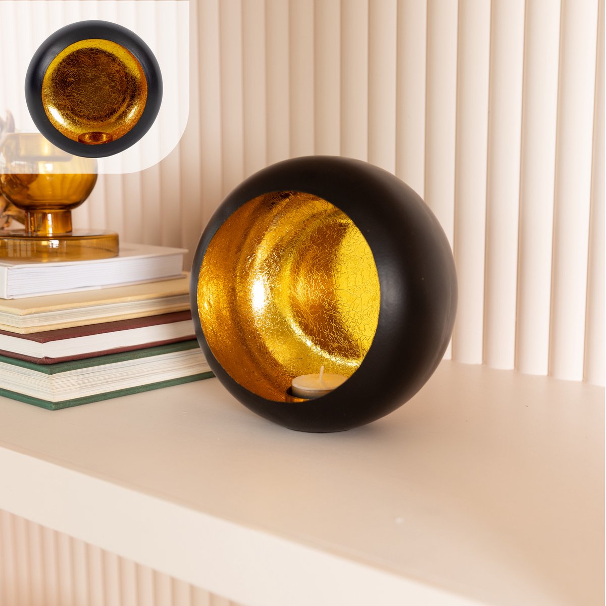 Gadgy Waxinelichthouder Rond - Theelichthouders - Decoratie Woonkamer - Sfeerverlichting Binnen - Kaarsenhouders voor Waxinelichten 17x17 cm - Windlicht Metaal - Zwart/Goud - Cadeau voor Vrouw
