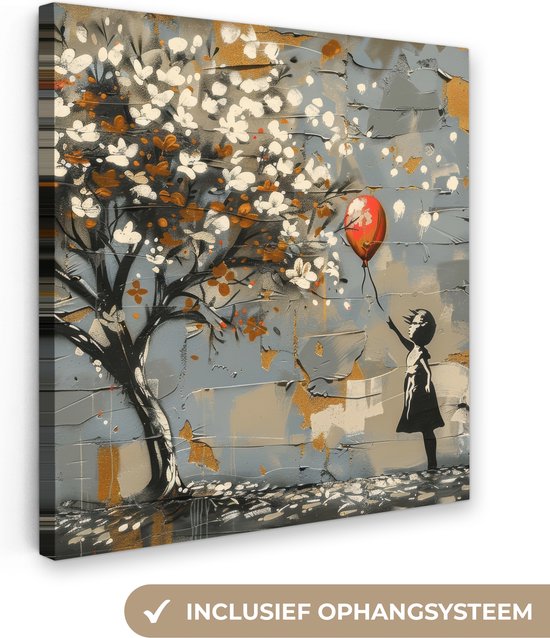 Canvas schilderij 20x20 cm - Wanddecoratie Boom - Graffiti - Banksy Style - Balloon Girl - Muurdecoratie woonkamer - Slaapkamer decoratie - Kamer accessoires - Schilderijen