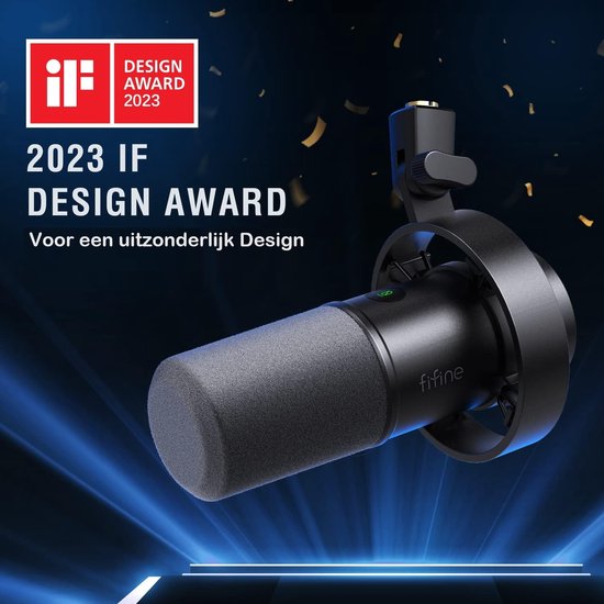 Microphone dynamique noir avec capuchon en mousse, portant la mention 2023 IF DESIGN AWARD.
