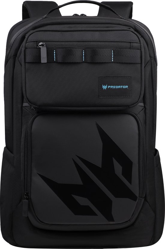 Zwarte rugzak met een voorvak met het Predator logo in blauw en een groot, glanzend zwart Predator logo op de voorkant.