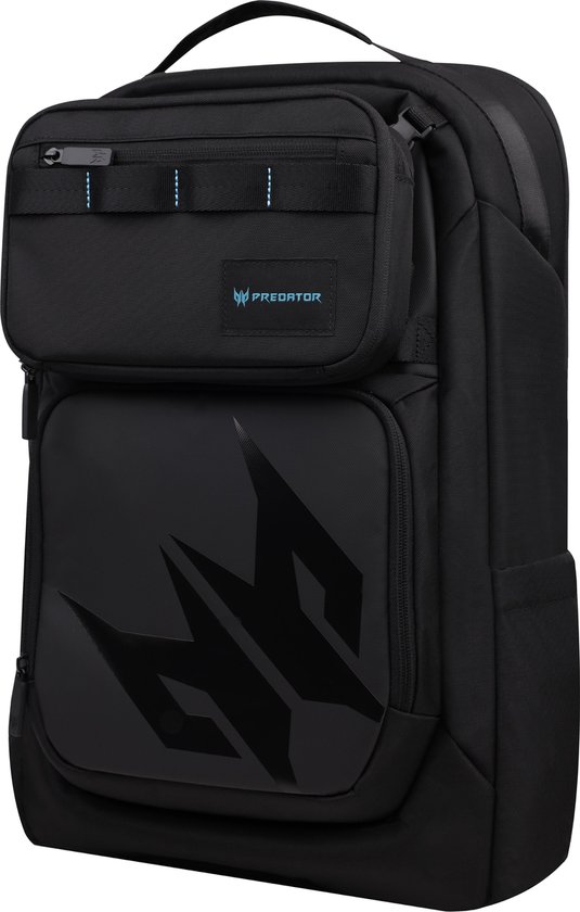Zwarte rugzak met een groot, reflecterend Predator logo op de voorkant en een blauw logo op een voorvak.