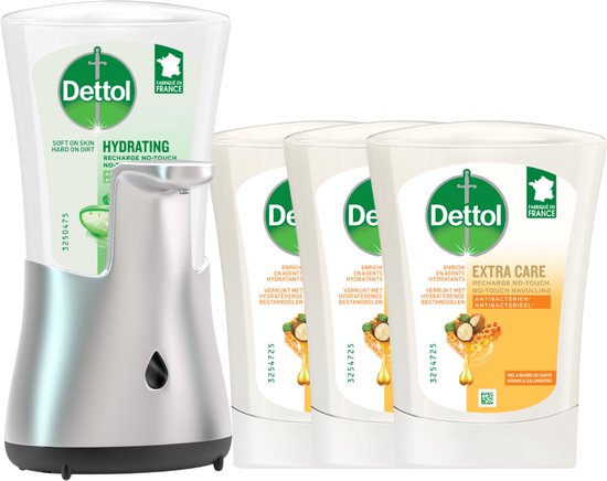 Dettol - Automatische Zeepdispenser No Touch & 3x250ml Handzeep No Touch Navulling - Honing & Sheabutter - Voordeelverpakking