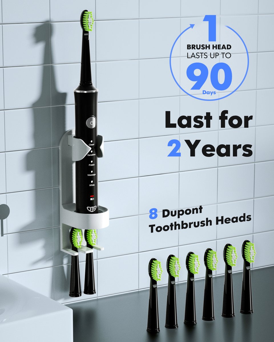 Afbeelding 3 van JTF Sonic J40 elektrische tandenborstel - Zwart - Inclusief 6 opzetborstels - USB-C oplaadbaar - Ingebouwde 2 minuten smart timer - 5 poetsstanden