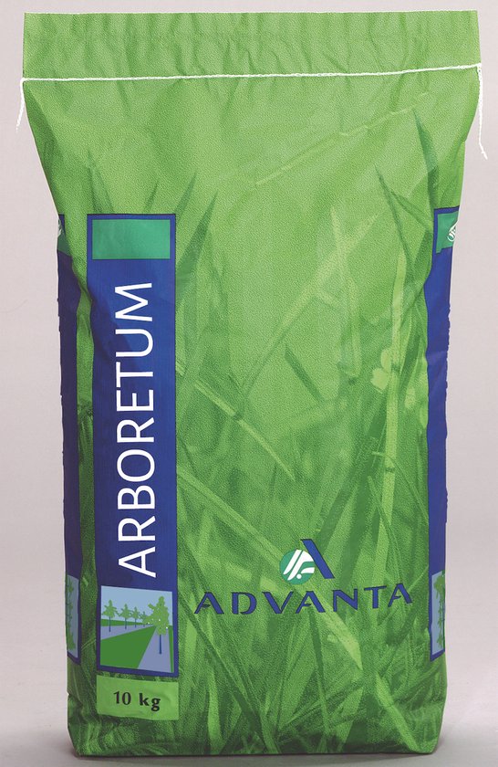 Groene zak met de tekst ARBORETUM, ADVANTIA, 10 kg. De zak toont een afbeelding van gras.