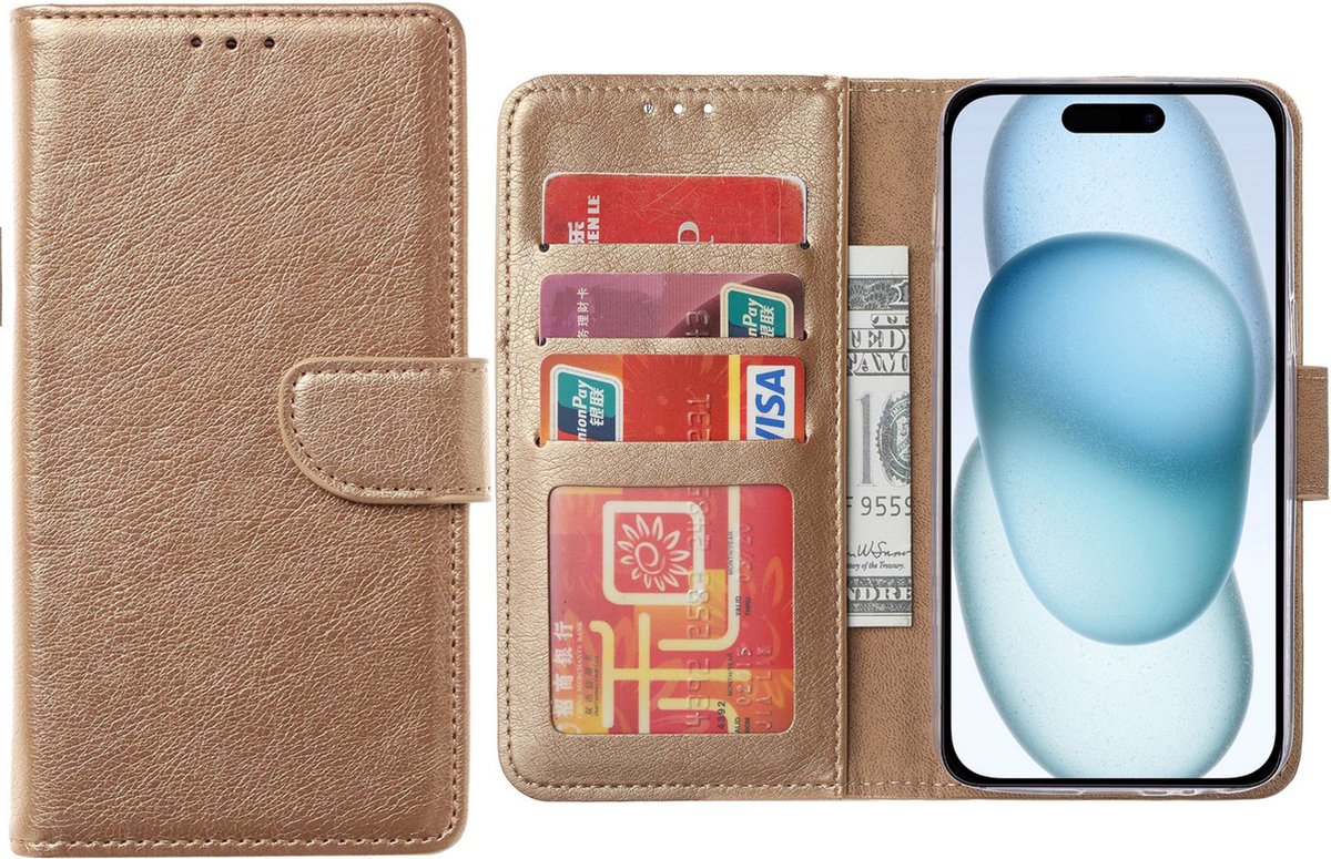 Hoesje Geschikt voor iPhone 15 Plus – Arara bookcase met pasjeshouder- Goud