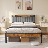Bealife Lits doubles BF26, cadre de lit plateforme standard, 220,5 x 140 x 111 cm, cadre de lit en métal avec tête de lit escamotable, robuste et stable, sans bruit, Geen sommier tapissier requis, assemblage facile, Grijs