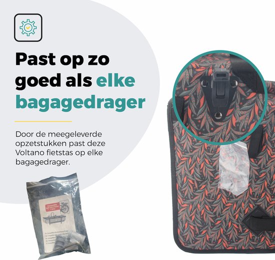 Voltano Enkele Shopper Fietstas - 17 Liter - Crimson Leaf - Zwart Met Grijze Bloemen - Waterdicht - Luxe Universele Bevestiging van Voltano — afbeelding 2