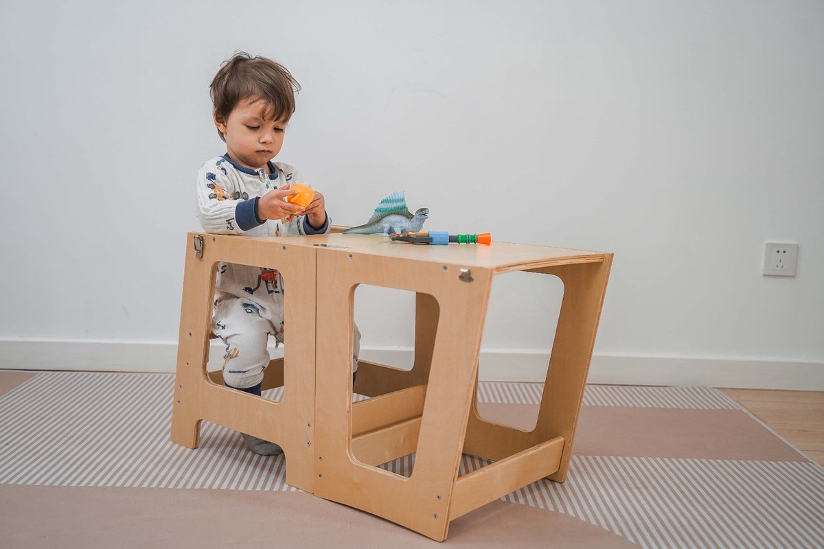 Baby Vivo Leertoren van hout - Montessori Leertoren 3 verstelbare hoogtes - voor Peuter met Opstap Voor Baby Kinderen - Keukenhulp Stabiel Trappenstoel Meubel Keuken Platform - Noah in Zwart